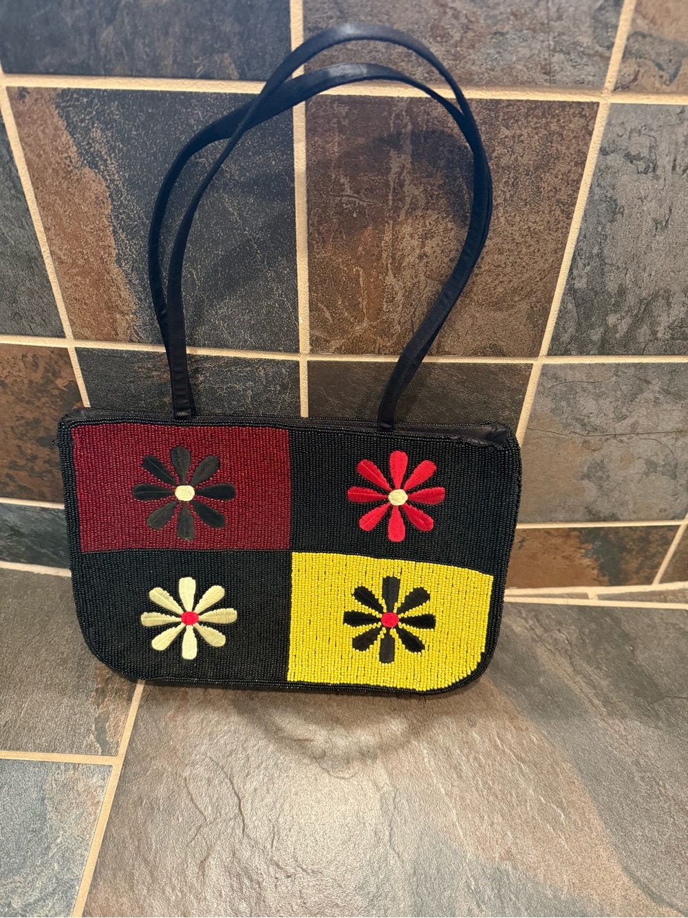 Beaded Flower Patchwork Shoulder Bag - Black, Red, Yellow
